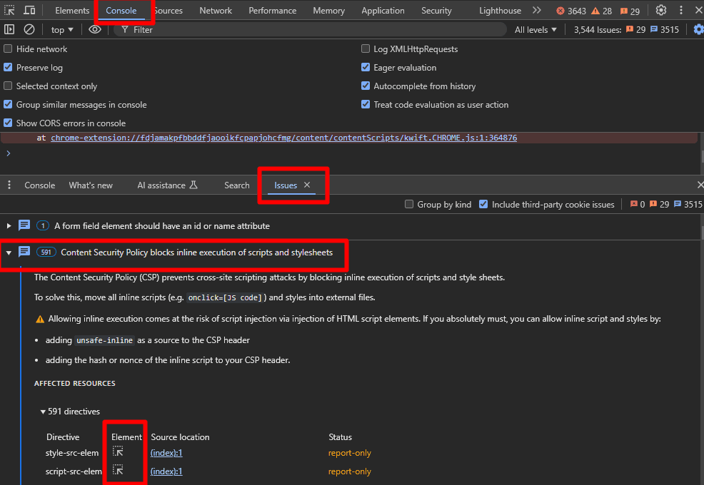 CSP issues in Chrome DevTools