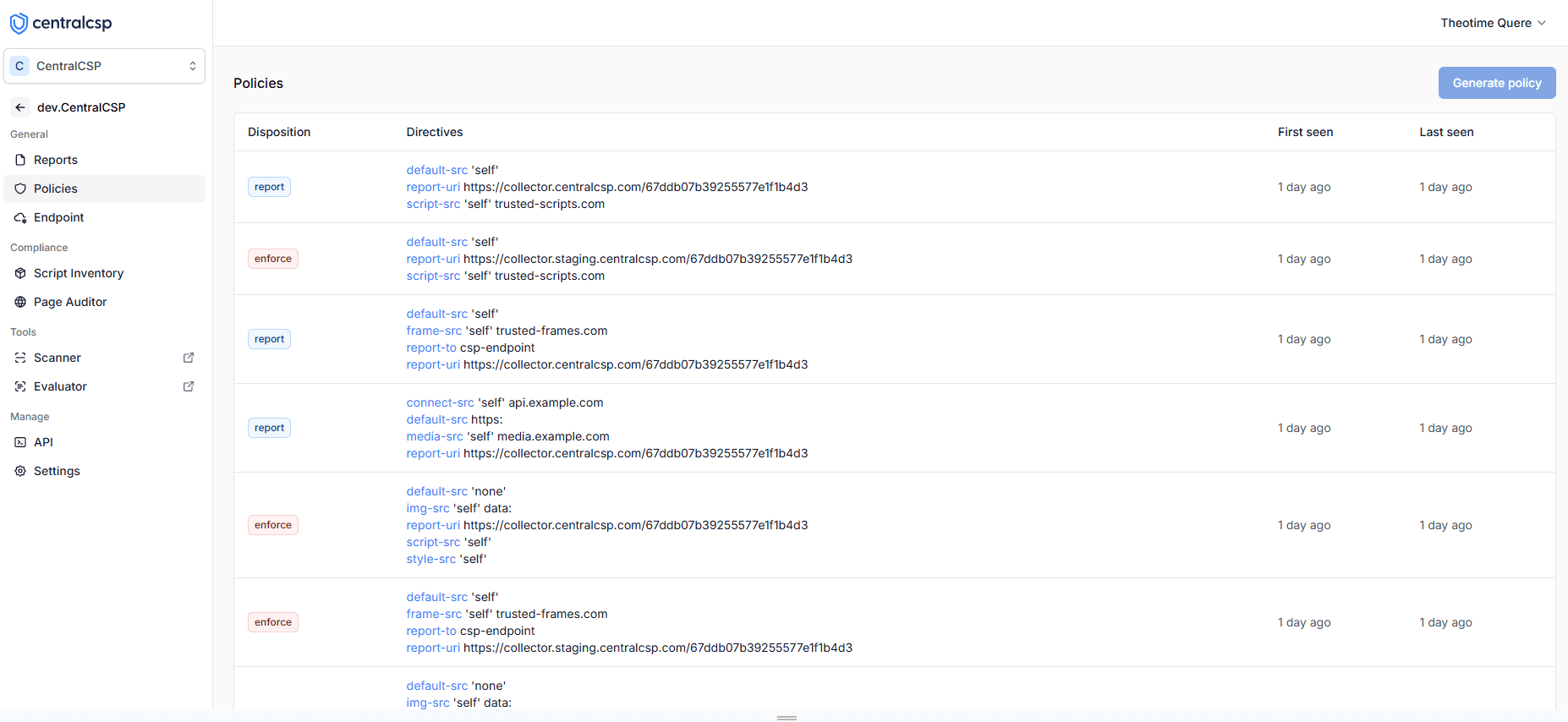 CSP Policies Dashboard